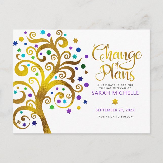 Bat Mitzvah Change Plans Gold Tree of Life Purple Invitation Postcard (Front)