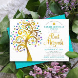 Bat Mitzvah Chic Turquoise Gold Foil Tree of Life Invitation<br><div class="desc">Be proud, rejoice and showcase this milestone of your favorite Bat Mitzvah! This graphic faux gold foil tree with sparkly turquoise, teal, purple and blue Star of David and dot “leaves” on a white background is the perfect invitation for this special occasion. A tiny, light turquoise blue Star of David...</div>