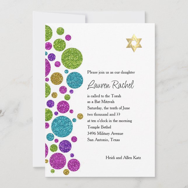 Bat Mitzvah Colorful Glittery Dots Invitation (Front)