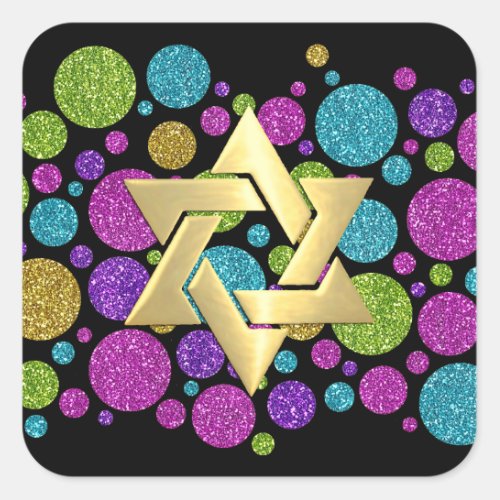 Bat Mitzvah Colorful Glittery Dots on Any Color Square Sticker