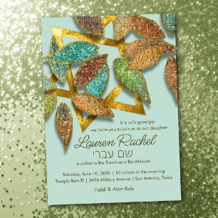 Bat Mitzvah Colorful Glittery Petals Aqua Brown Invitation