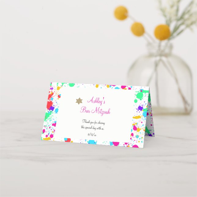 Bat Mitzvah, Colorful Paint Splatter, Custom Place Card (Front)