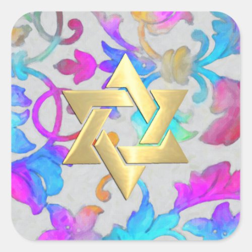 Bat Mitzvah Colorful Painted Damask Pink Turquoise Square Sticker