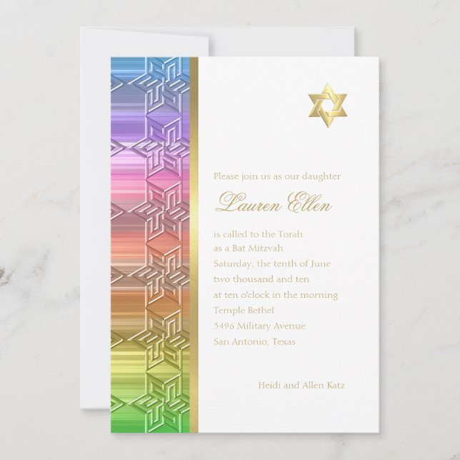 Bat Mitzvah Colorful Rainbow Star Damask Invitation (Front)