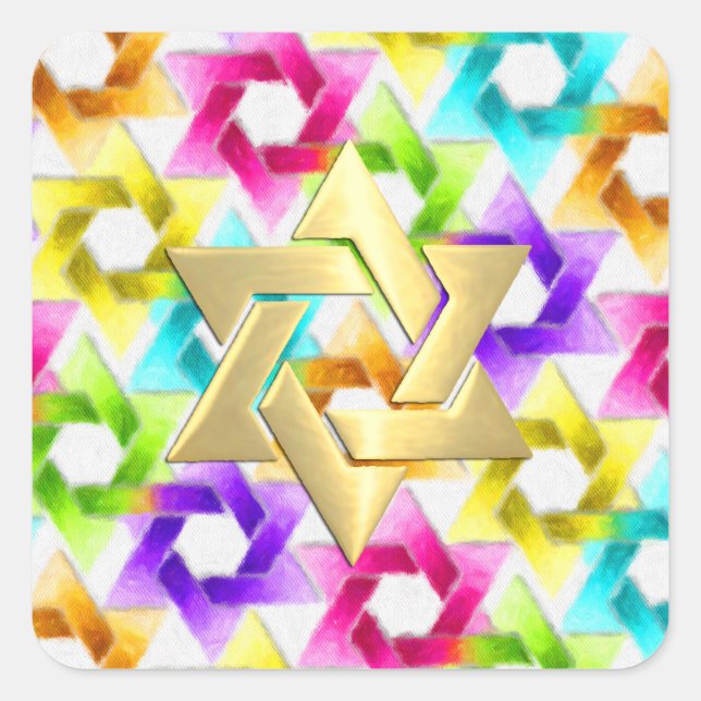 Bat Mitzvah Colorful Star Damask Square Sticker (Front)