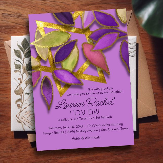 Bat Mitzvah Colorful Watercolor Petals over Star Invitation (Creator Uploaded)