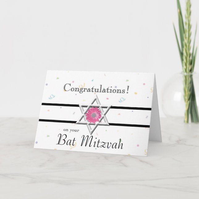 Bat Mitzvah Congratulations-Star of David+Flower Card (Front)