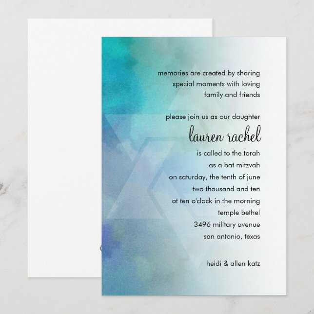 Bat Mitzvah Cool Colors Aqua Blue Purple White Invitation (Front/Back)