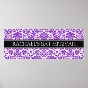 Bat Mitzvah Custom Name Banner Purple Damask Poster