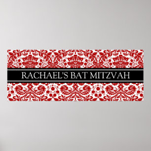 Bat Mitzvah Custom Name Banner Red Damask Poster
