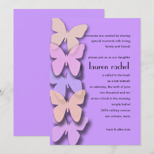 Bat Mitzvah Dimensional Butterfly Border Purple Invitation