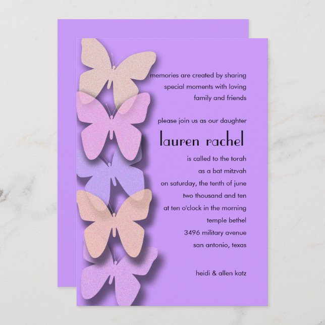 Bat Mitzvah Dimensional Butterfly Border Purple Invitation (Front/Back)