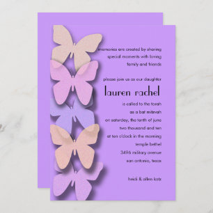 Bat Mitzvah Dimensional Butterfly Border Purple Invitation