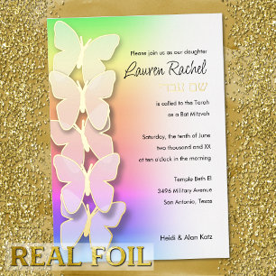Bat Mitzvah Dimensional Butterfly Rainbow Gradient Foil Invitation