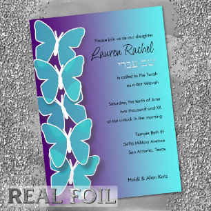 Bat Mitzvah Dimensional Butterfly Turquoise Purple Foil Invitation