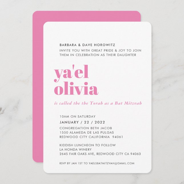 BAT MITZVAH easy modern minimal pink gray Invitation (Front/Back)