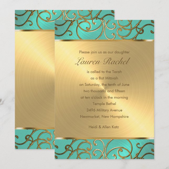 Bat Mitzvah Elegant Aqua Green Gold Filigree Invitation (Front/Back)