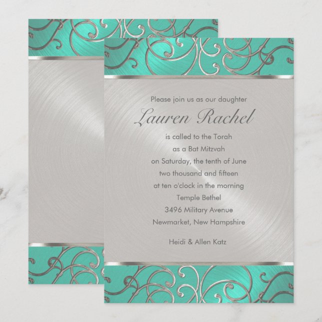 Bat Mitzvah Elegant Aqua Green Silver Filigree Invitation (Front/Back)
