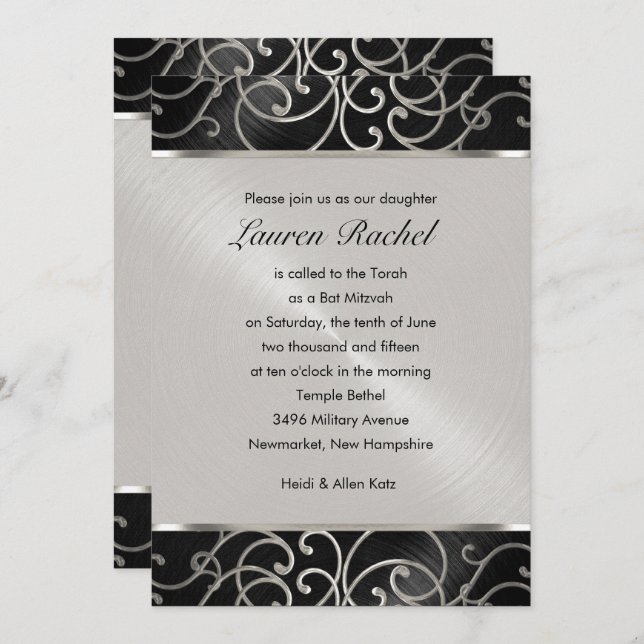 Bat Mitzvah Elegant Black and Silver Filigree Invitation (Front/Back)