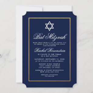 Bat Mitzvah Elegant Blue and Gold Invitation