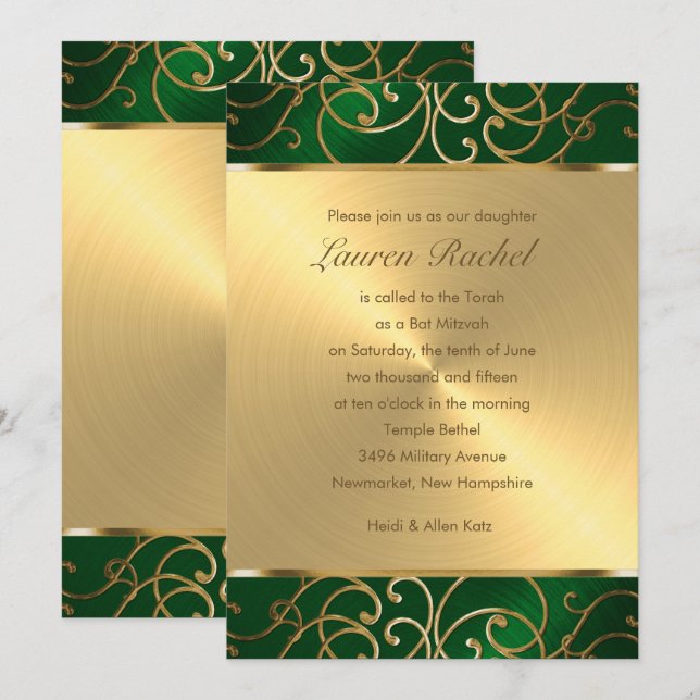 Bat Mitzvah Elegant Emerald Green Gold Filigree Invitation (Front/Back)