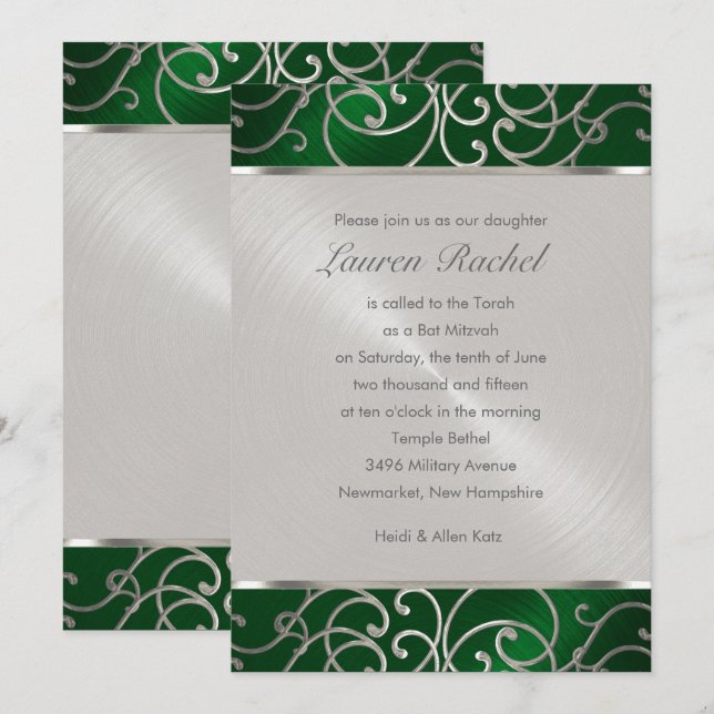 Bat Mitzvah Elegant Emerald Green Silver Filigree Invitation (Front/Back)