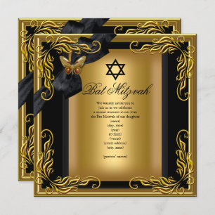 Bat Mitzvah Elegant Gold Black Butterfly Invitation