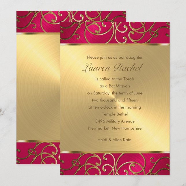 Bat Mitzvah Elegant Magenta Pink Gold Filigree Invitation (Front/Back)