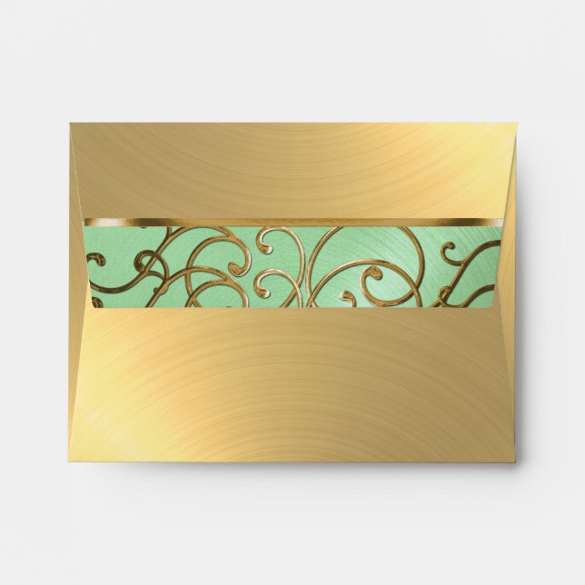 Bat Mitzvah Elegant Mint Green Gold Filigree Envelope (Back (Top Flap))