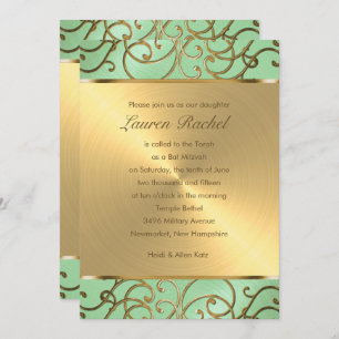 Bat Mitzvah Elegant Mint Green Gold Filigree Invitation