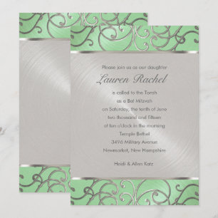 Bat Mitzvah Elegant Mint Green Silver Filigree Invitation