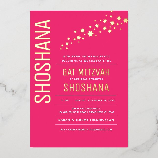 Bat Mitzvah Elegant Modern REAL GOLD Foil Invitati Foil Invitation (Front)