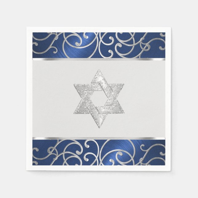 Bat Mitzvah Elegant Navy Blue and Silver Filigree Napkins (Front)