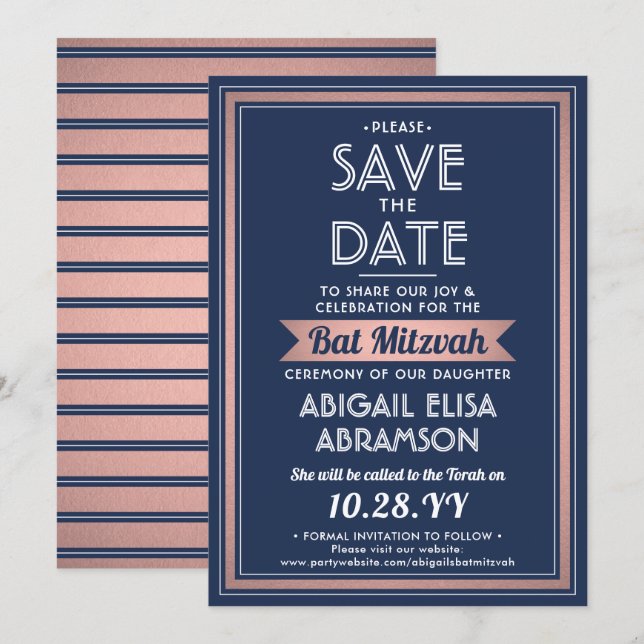 Bat Mitzvah Elegant Navy Blue, White and Pink Save The Date (Front/Back)