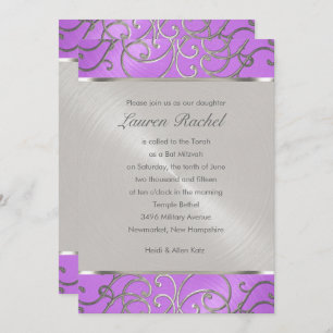 Bat Mitzvah Elegant Orchid Purple Silver Filigree Invitation