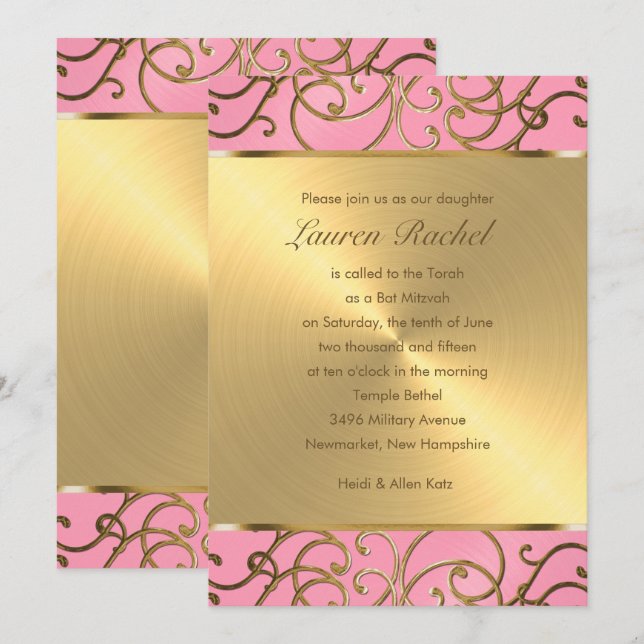 Bat Mitzvah Elegant Pink and Gold Filigree Invitation (Front/Back)
