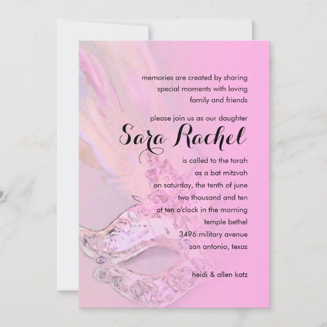 Bat Mitzvah Elegant Pink Masquerade Invitation (Front)