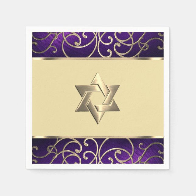 Bat Mitzvah Elegant Purple and Gold Filigree Napkins (Front)