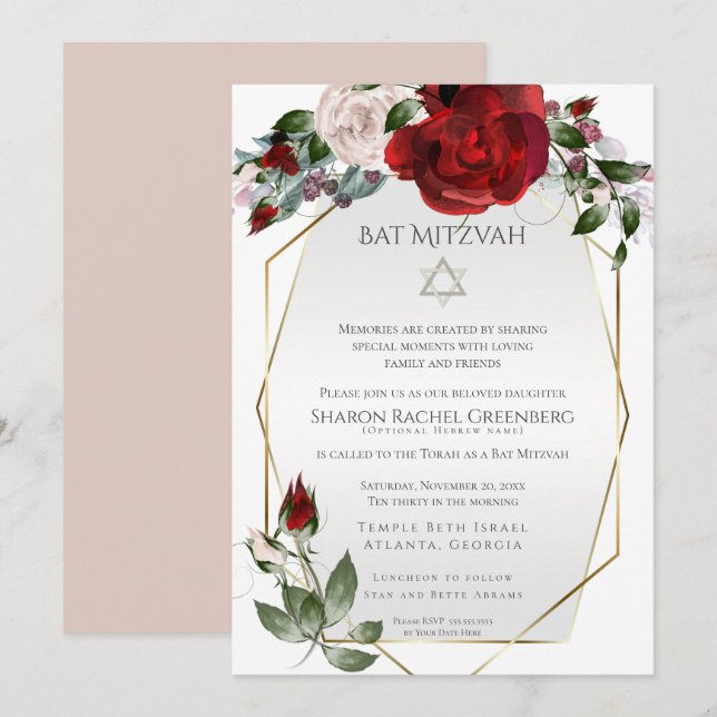 Bat Mitzvah | Elegant Scarlet Red and Blush Roses  Announcement (Front/Back)