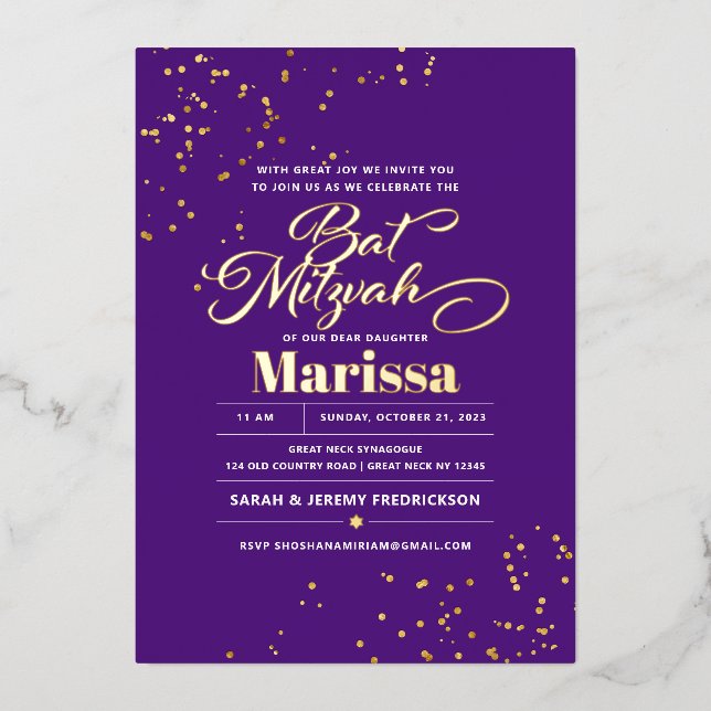 Bat Mitzvah Elegant Script REAL GOLD  Foil Invitation (Front)