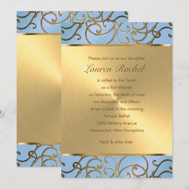 Bat Mitzvah Elegant Sky Blue and Gold Filigree Invitation (Front/Back)