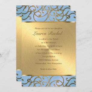 Bat Mitzvah Elegant Sky Blue and Gold Filigree Invitation