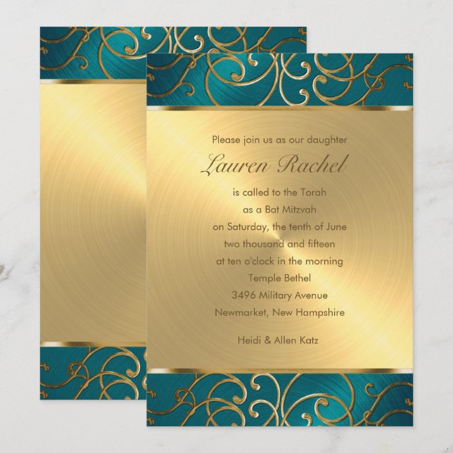 Bat Mitzvah Elegant Teal Blue and Gold Filigree Invitation (Front/Back)