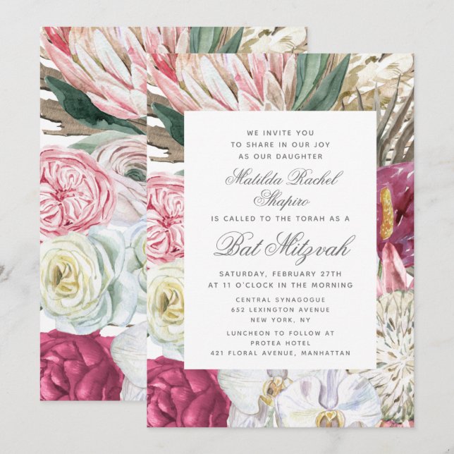 Bat Mitzvah Elegant Watercolor Floral Invitation (Front/Back)