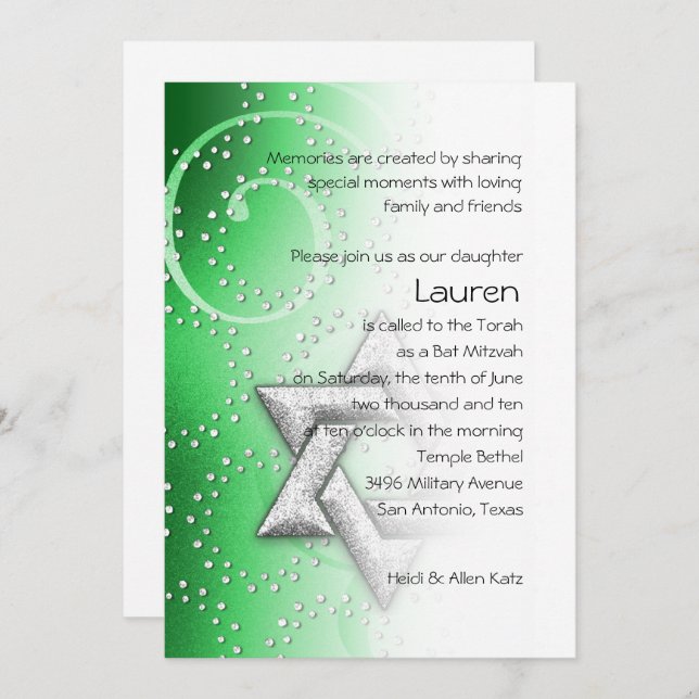 Bat Mitzvah Emerald Shimmer Star of David Invitation (Front/Back)