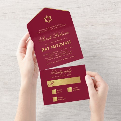 Bat Mitzvah Faux Gold Burgundy Red Elegant Script All In One Invitation