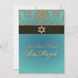 Bat Mitzvah+Faux Gold Damask/black+aqua Invitation