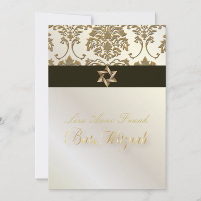 Bat  Mitzvah+Faux Gold Damask/black+pearl Invitation (Front)