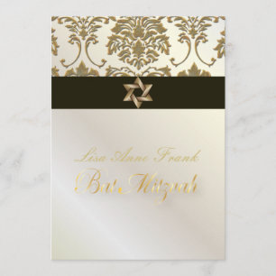 Bat Mitzvah+Faux Gold Damask/black+pearl Invitation