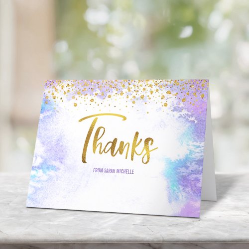 Bat Mitzvah Faux Gold Script on Purple Watercolor Thank You Card